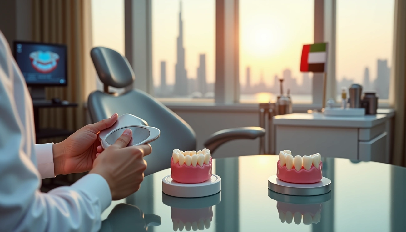 Dentist holding dental veneers near tooth models in a clinic with Dubai skyline and sunset in the background.